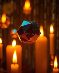 Experience the mesmerizing beauty of glitched geometric shapes floating in a warm, candlelit cyberspace.  This captivating sc