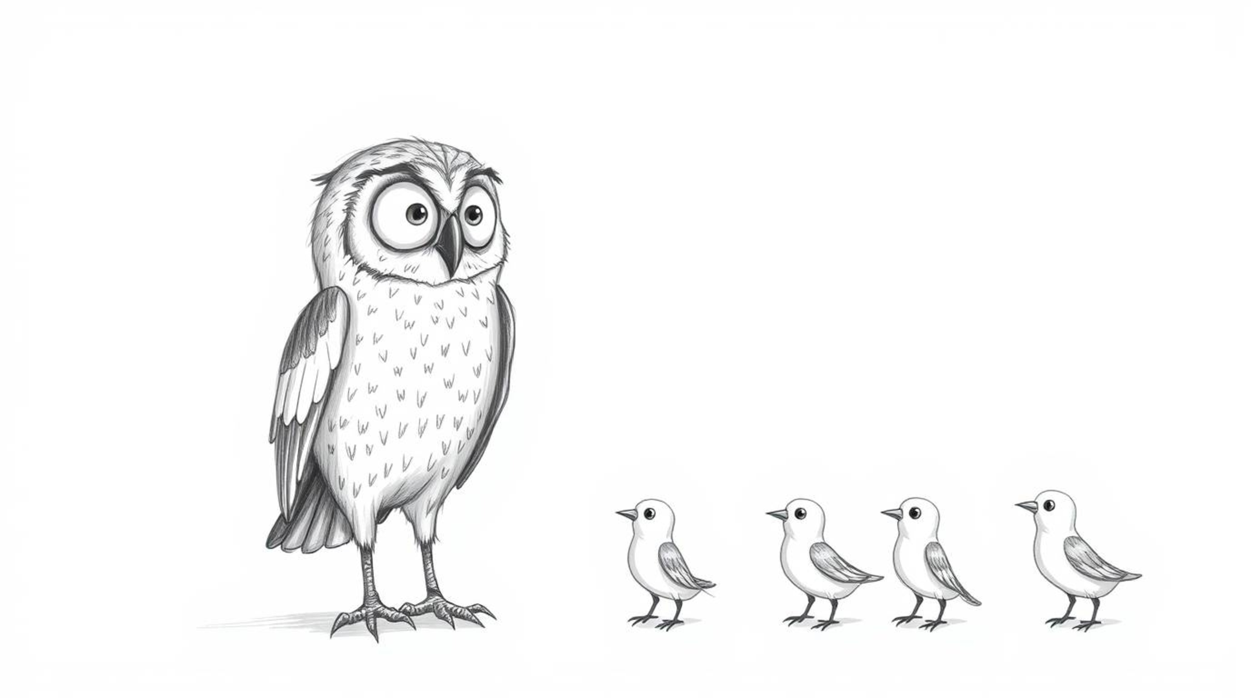A heartwarming Pixar-style sketch depicts a wise, blind, elderly owl guiding a group of young birds as they learn to fly. The