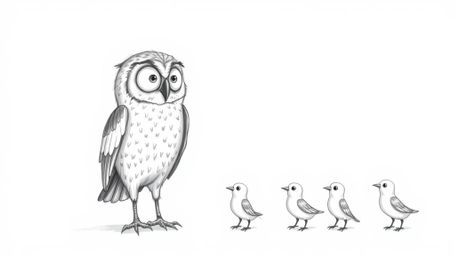 A heartwarming Pixar-style sketch depicts a wise, blind, elderly owl guiding a group of young birds as they learn to fly. The