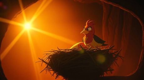 A captivating animation depicting two cartoon birds constructing a nest in a classic style. The scene is set in a warm yet e