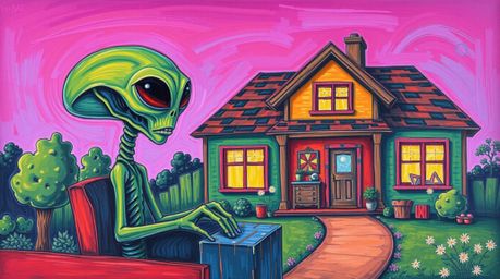 This vibrant acrylic painting depicts a quirky alien residing in a typical suburban home. The artwork is rendered in bold col