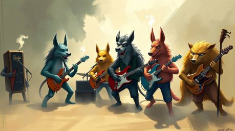 A dynamic digital sketch depicts a band of cartoon animals playing rock music, rendered with loose, painterly strokes and com