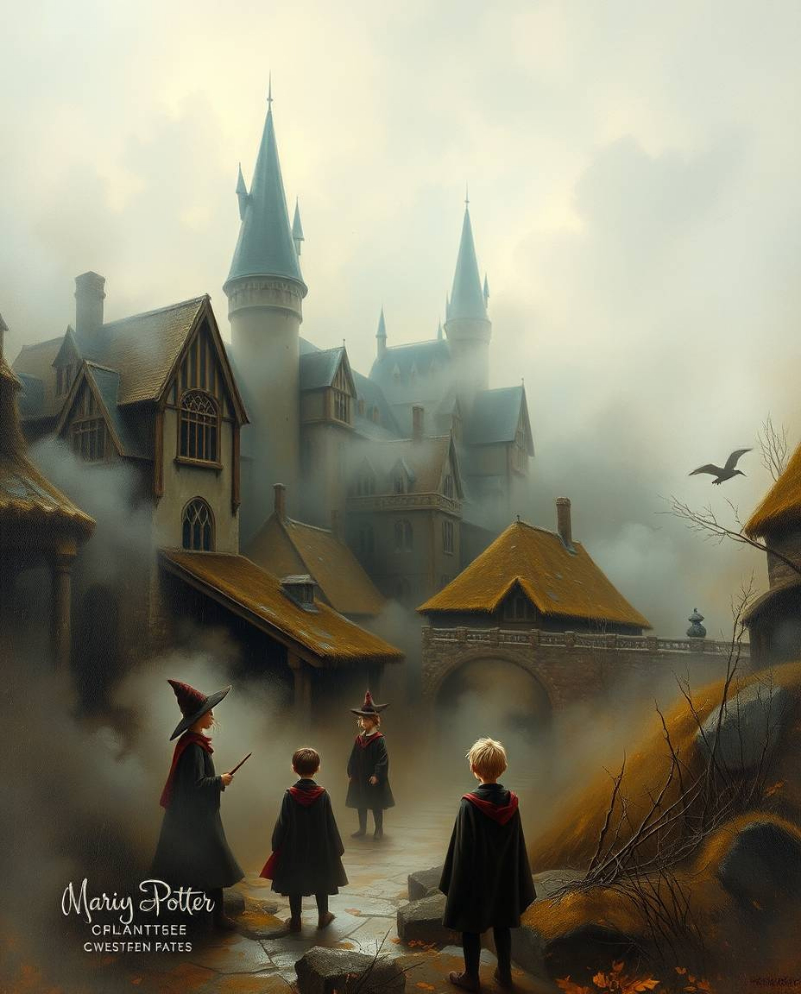 A classic oil painting capturing the mystical atmosphere of a magical school brimming with young wizards. Thick fog rolls thr