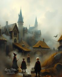 A classic oil painting capturing the mystical atmosphere of a magical school brimming with young wizards. Thick fog rolls thr