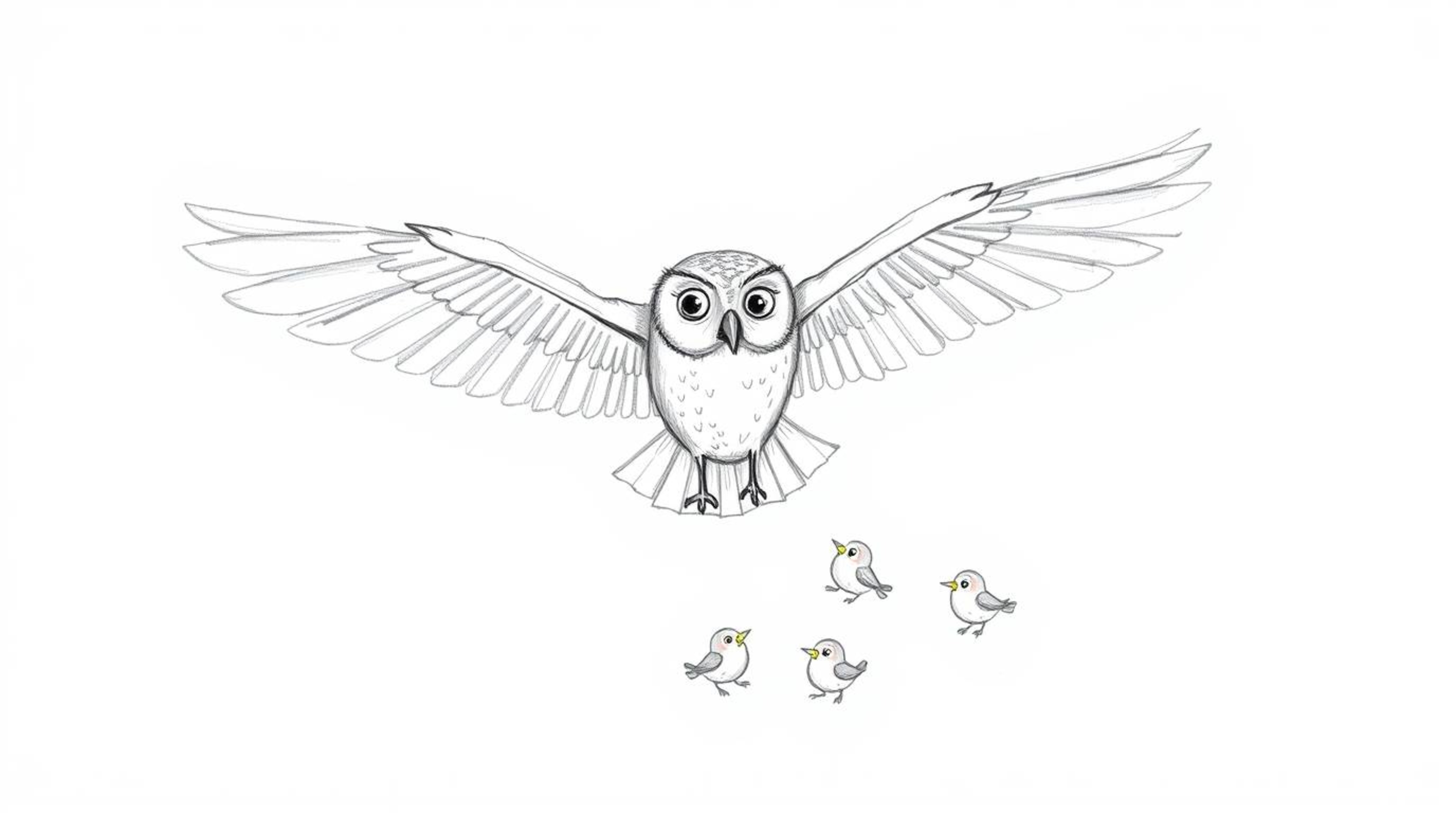 A captivating hand-drawn sketch in Pixar style depicting a blind owl soaring through the air, wings outstretched, guiding a f