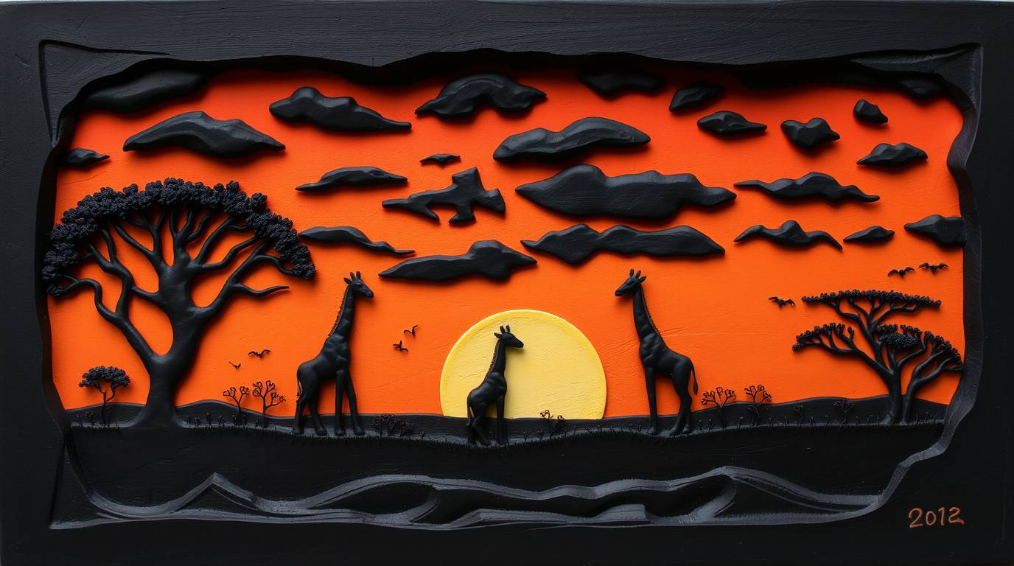 A captivating sculptural clay artwork depicts a breathtaking sunset over the African savanna, silhouetted against the fiery s