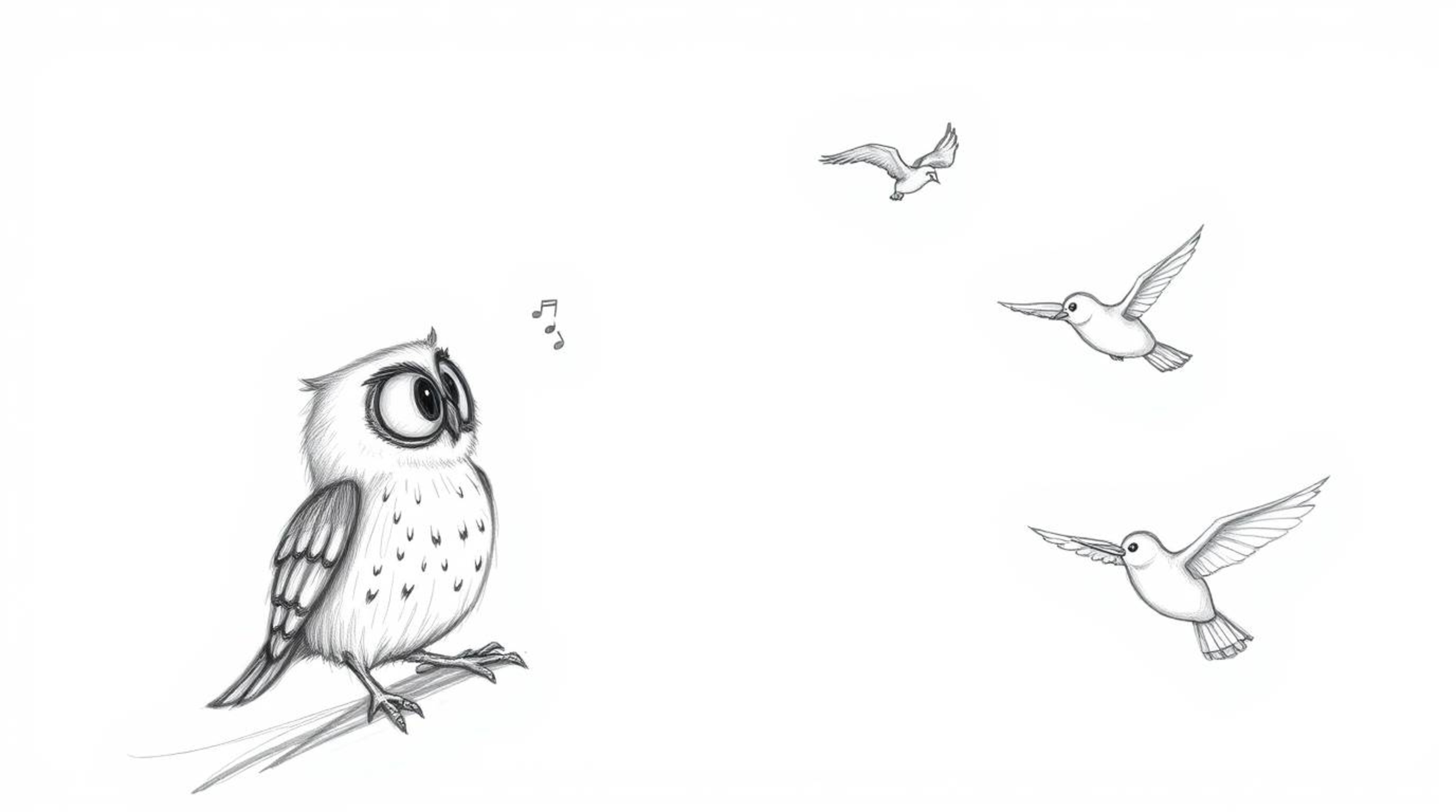 A charming hand-drawn pencil sketch in the style of Pixar depicts a blind owl imparting the secrets of flight to a group of e