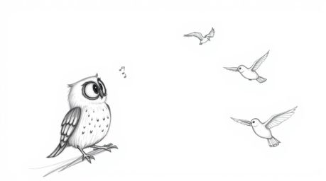 A charming hand-drawn pencil sketch in the style of Pixar depicts a blind owl imparting the secrets of flight to a group of e