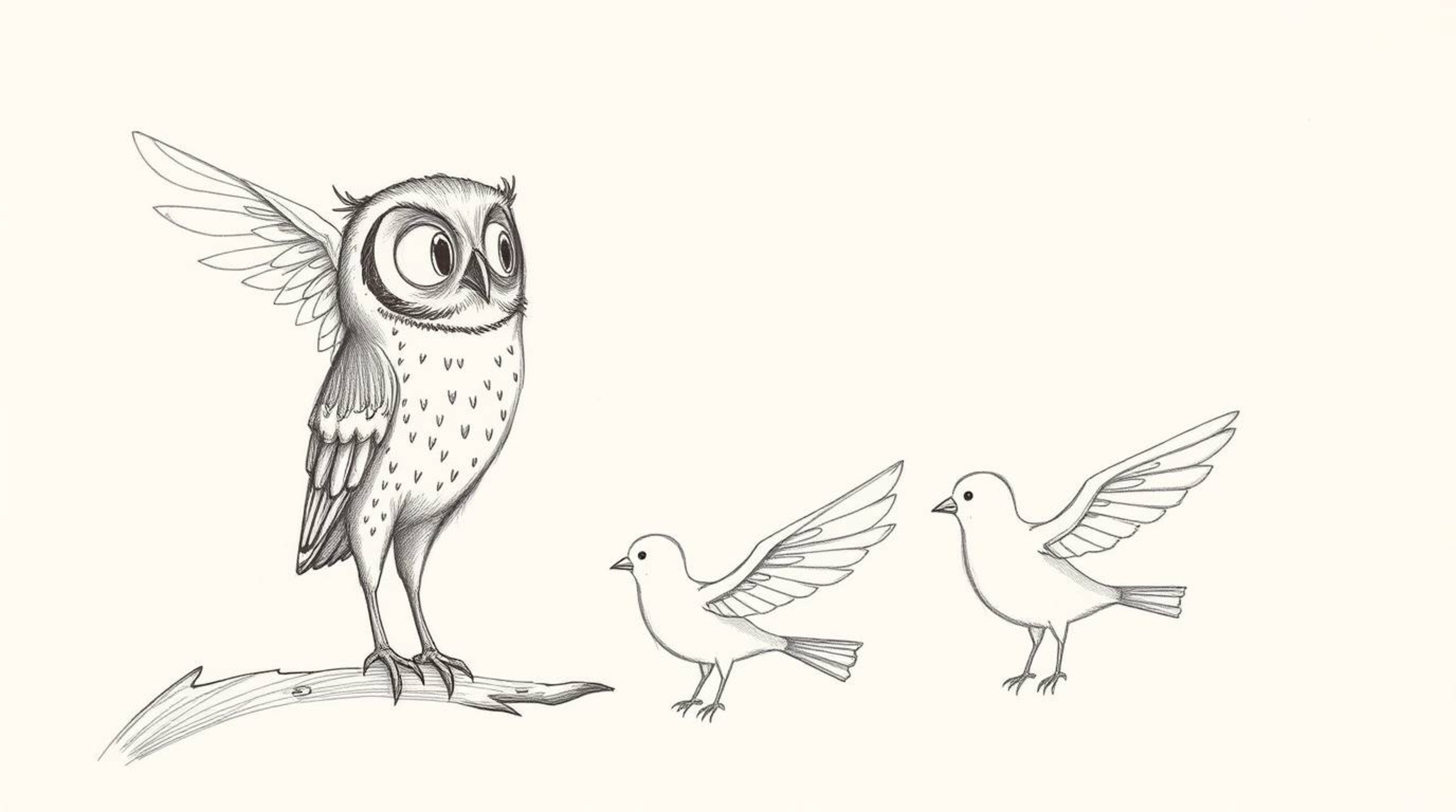 A heartwarming concept featuring a blind owl in a Pixar-esque style, guiding birds to achieve flight through hand-drawn sketc