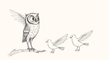 A heartwarming concept featuring a blind owl in a Pixar-esque style, guiding birds to achieve flight through hand-drawn sketc