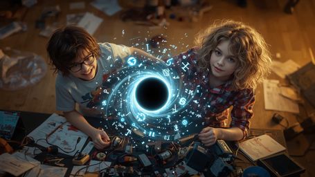 A cinematic, high-contrast photograph captures two enthusiastically disheveled science fair participants, a bespectacled boy 