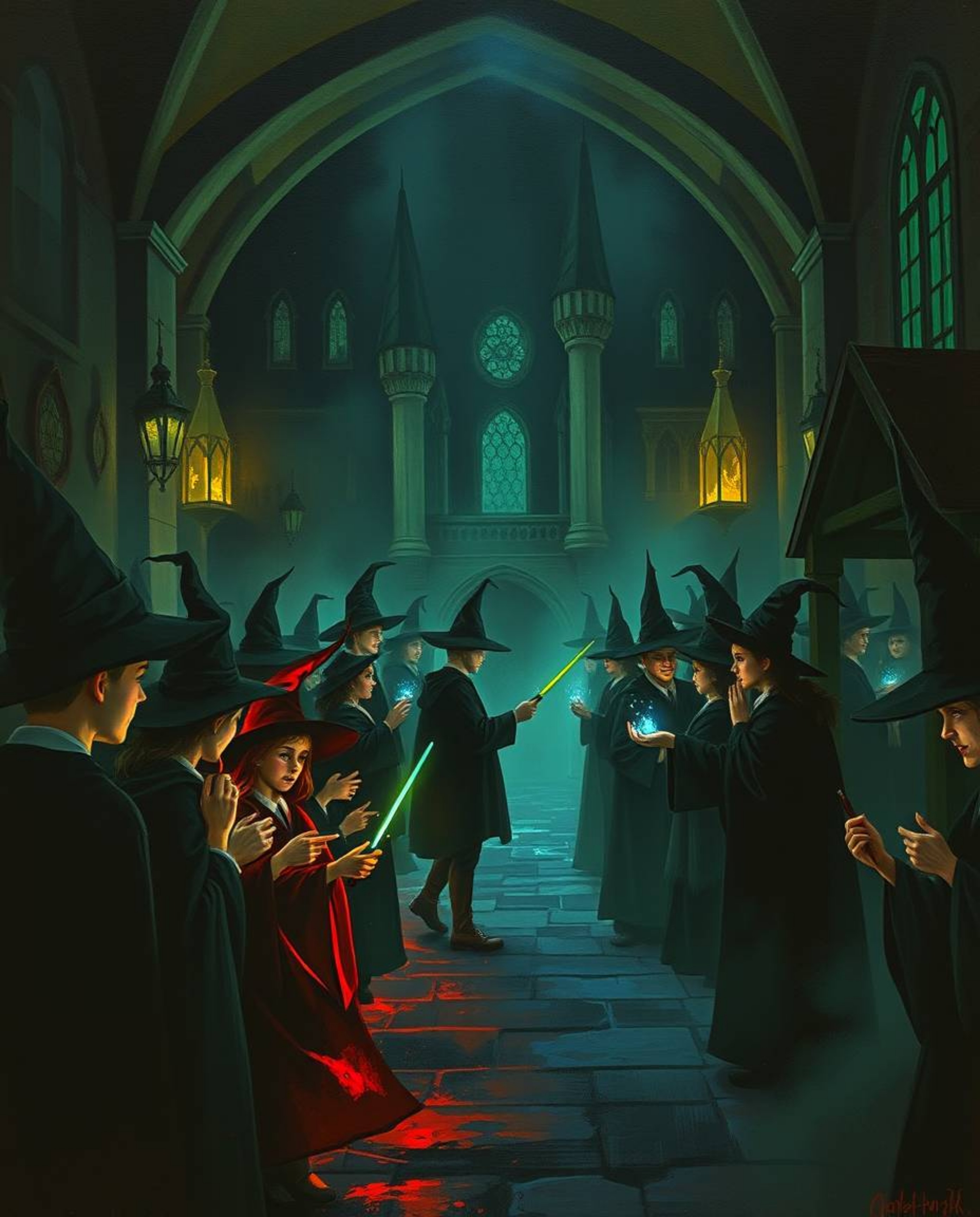 Immerse yourself in a moody painting depicting a magical school teeming with young wizards, all aglow with bioluminescent col