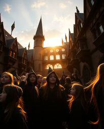 Capture the magic! This image depicts a magical school brimming with young wizards, bathed in the warm glow of golden hour li