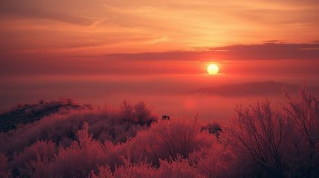 Experience a surreal infrared image of fog-covered hills bathed in the golden light of sunset.  Rendered in the style of cast