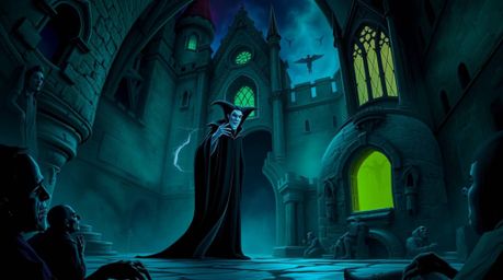 A classic Disney villain unleashes a chilling spell within the walls of an ancient castle.  The scene is steeped in an eerie,