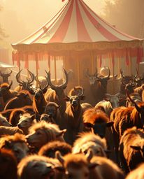 A captivating image depicting a carnival scene unexpectedly overrun by wild animals, bathed in the warm, gentle glow of soft 