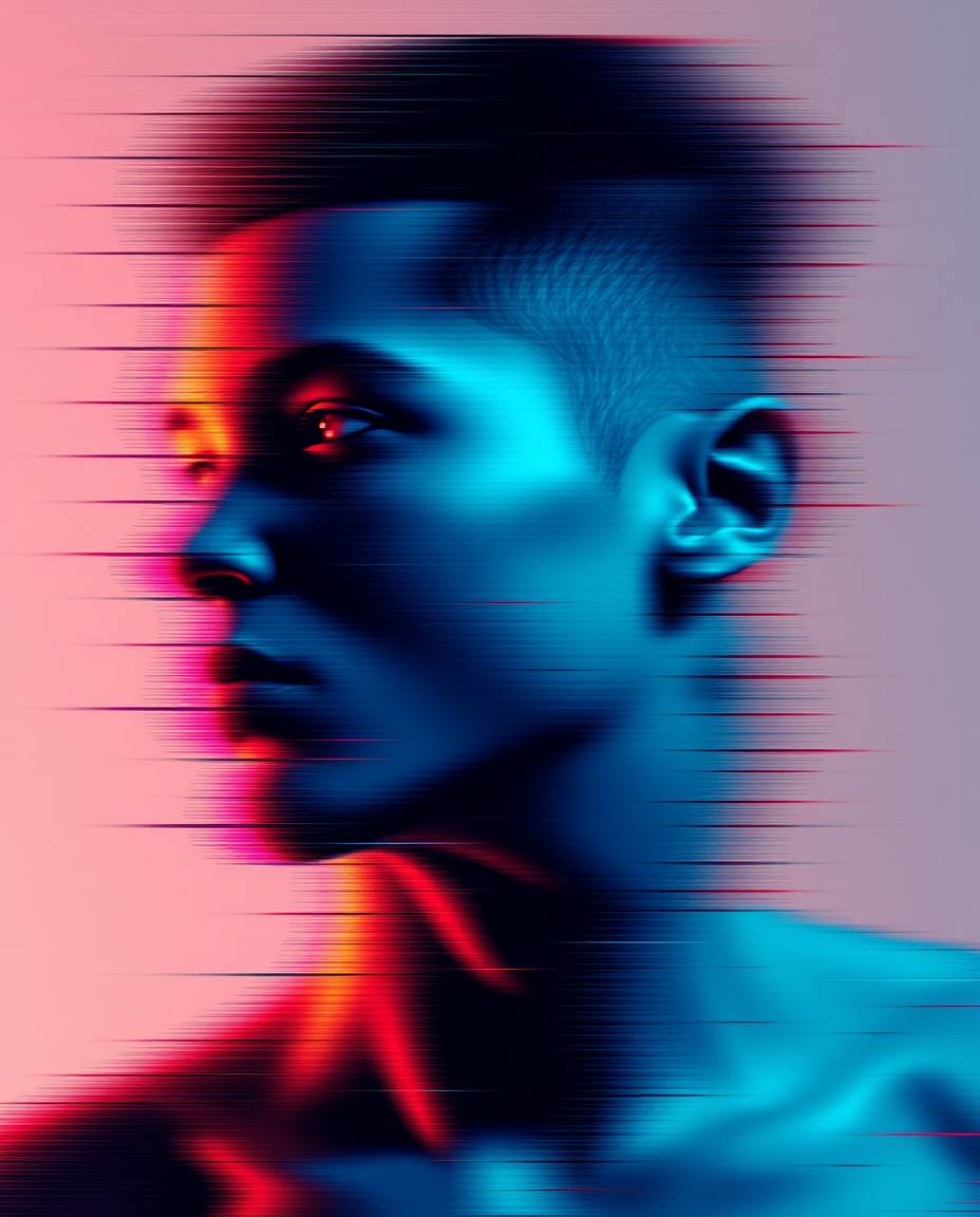Explore a captivating digital glitch art portrait showcasing a dynamic and smooth gradient transition. This artwork features 