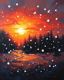 This high-contrast, low-key oil painting captures the dramatic scene of snowflakes falling during a vibrant sunset. Rendered 