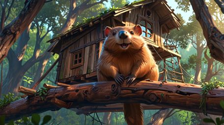 In a heartwarming scene crafted in a blend of Pixar and anime styles, a nurturing beaver builds the perfect treehouse sanctua