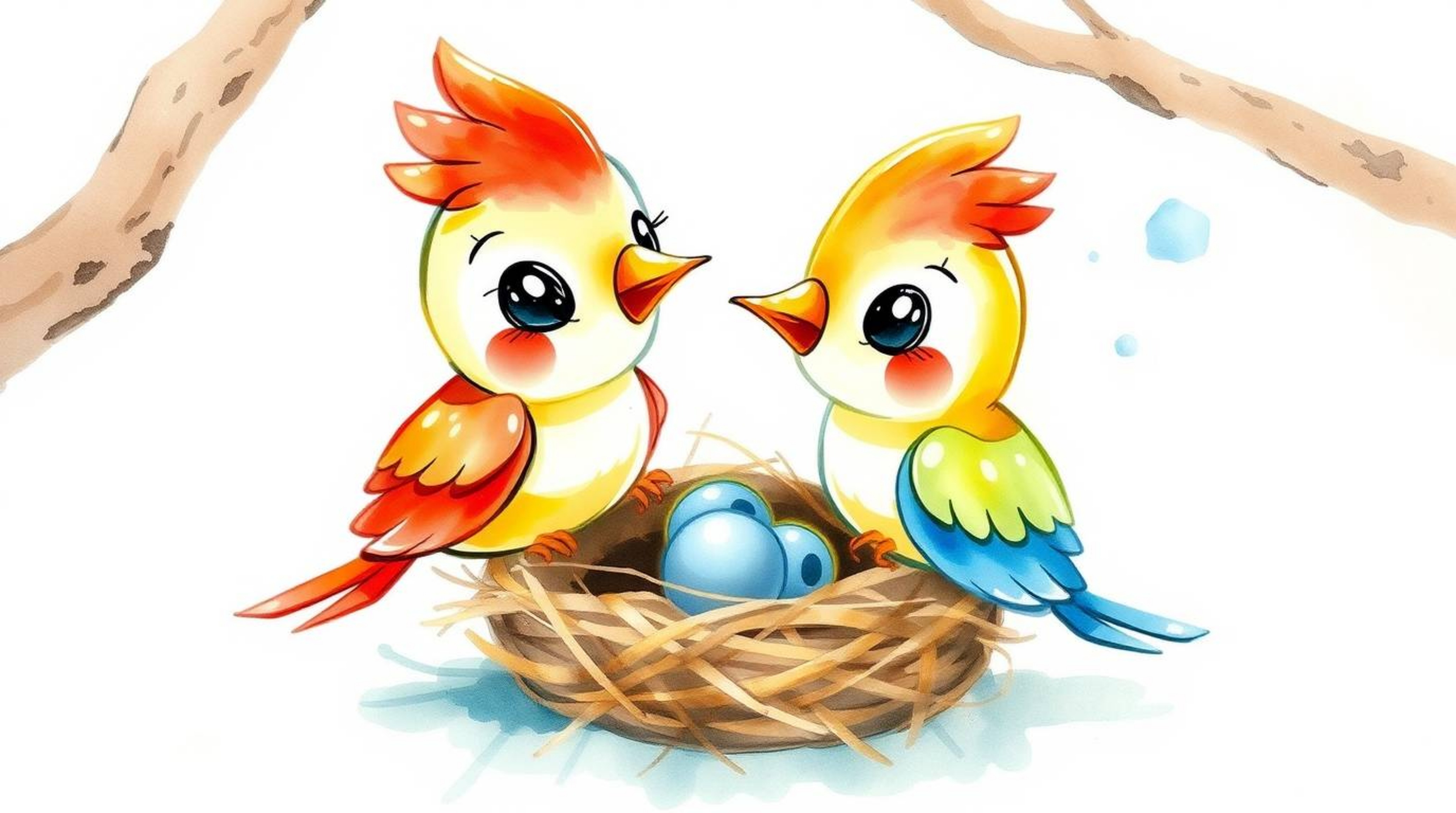 A delicate watercolor painting depicts two cartoon birds in a classic animation style, diligently building their nest. The a