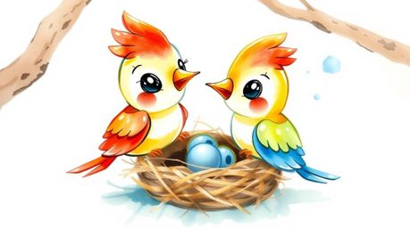 A delicate watercolor painting depicts two cartoon birds in a classic animation style, diligently building their nest. The a