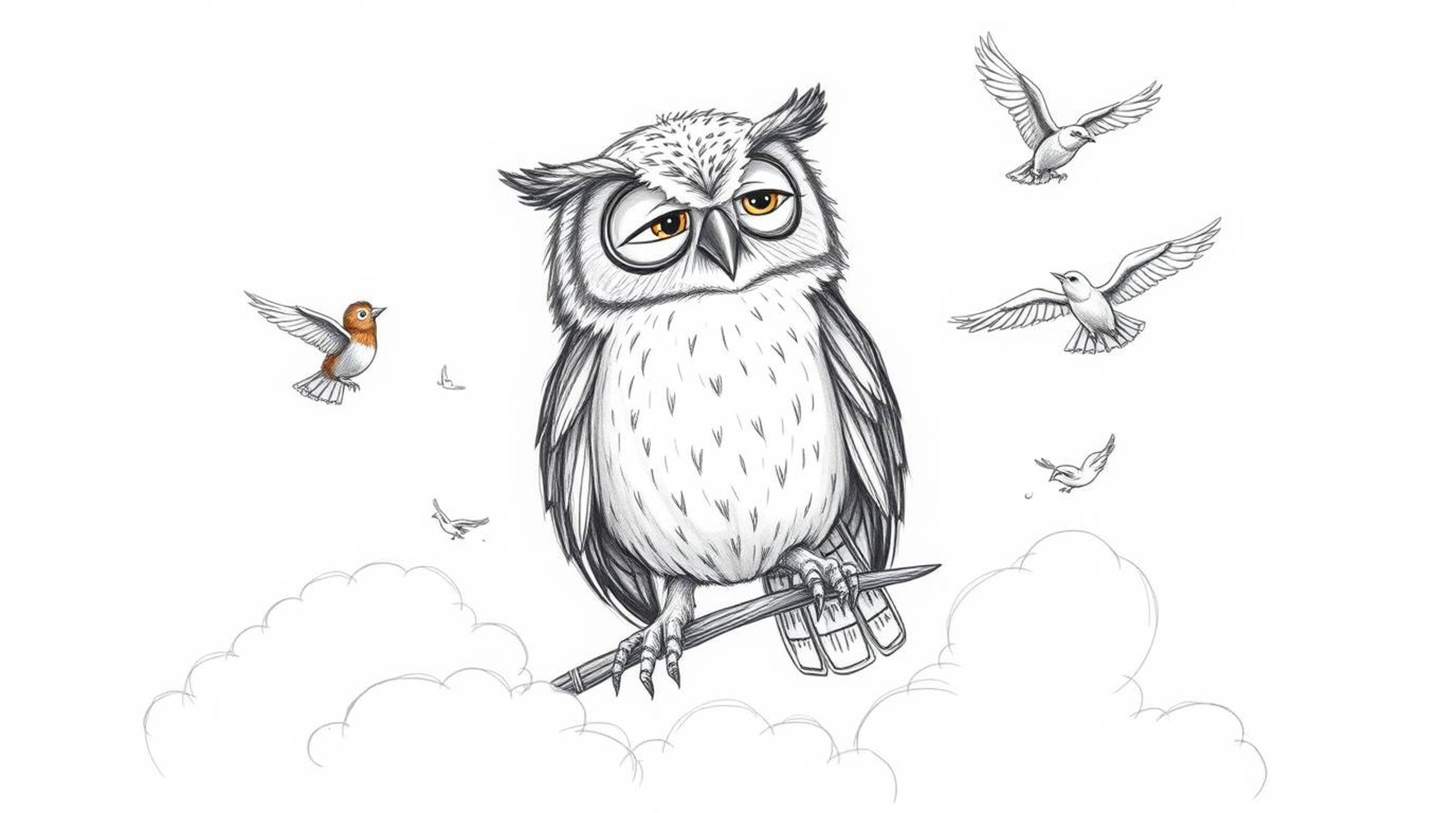 A heartwarming hand-drawn sketch in the style of Pixar depicts a blind owl with detailed feathers, passionately teaching a di
