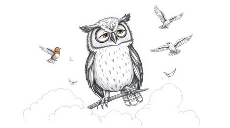 A heartwarming hand-drawn sketch in the style of Pixar depicts a blind owl with detailed feathers, passionately teaching a di