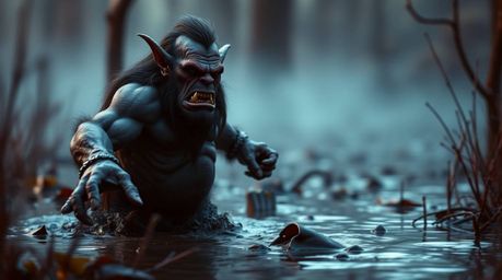 A captivating image depicts an ogre joyfully dancing in a swampy landscape.  The scene is rendered with a blurred bokeh effec