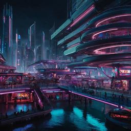 Step into a dazzling futuristic city where floating platforms connect towering structures amidst a neon-lit nightscape.  Tran