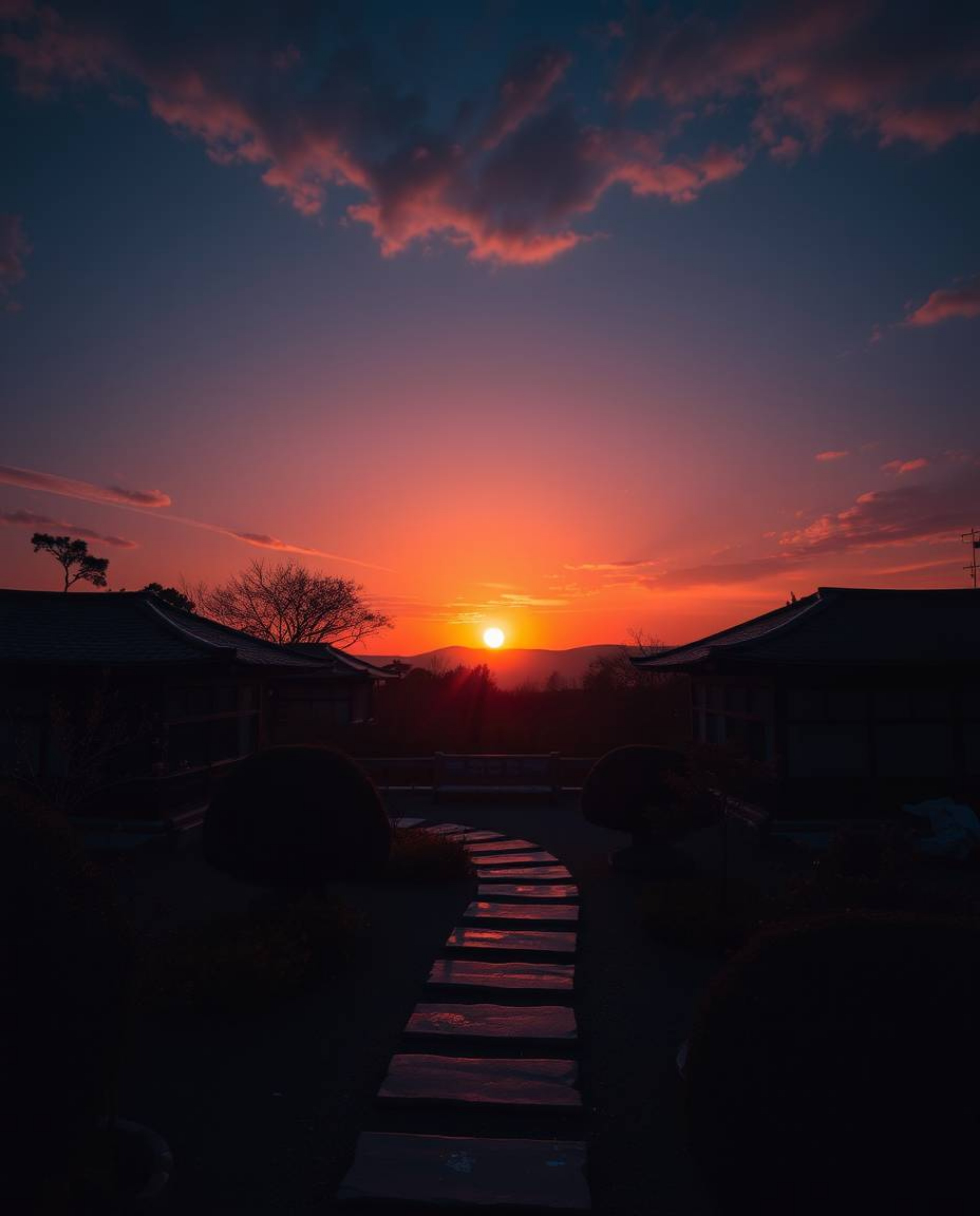 A tight close-up shot of a sunset over a serene Zen garden, showcasing rich burgundy and deep blue hues. The image is sophist
