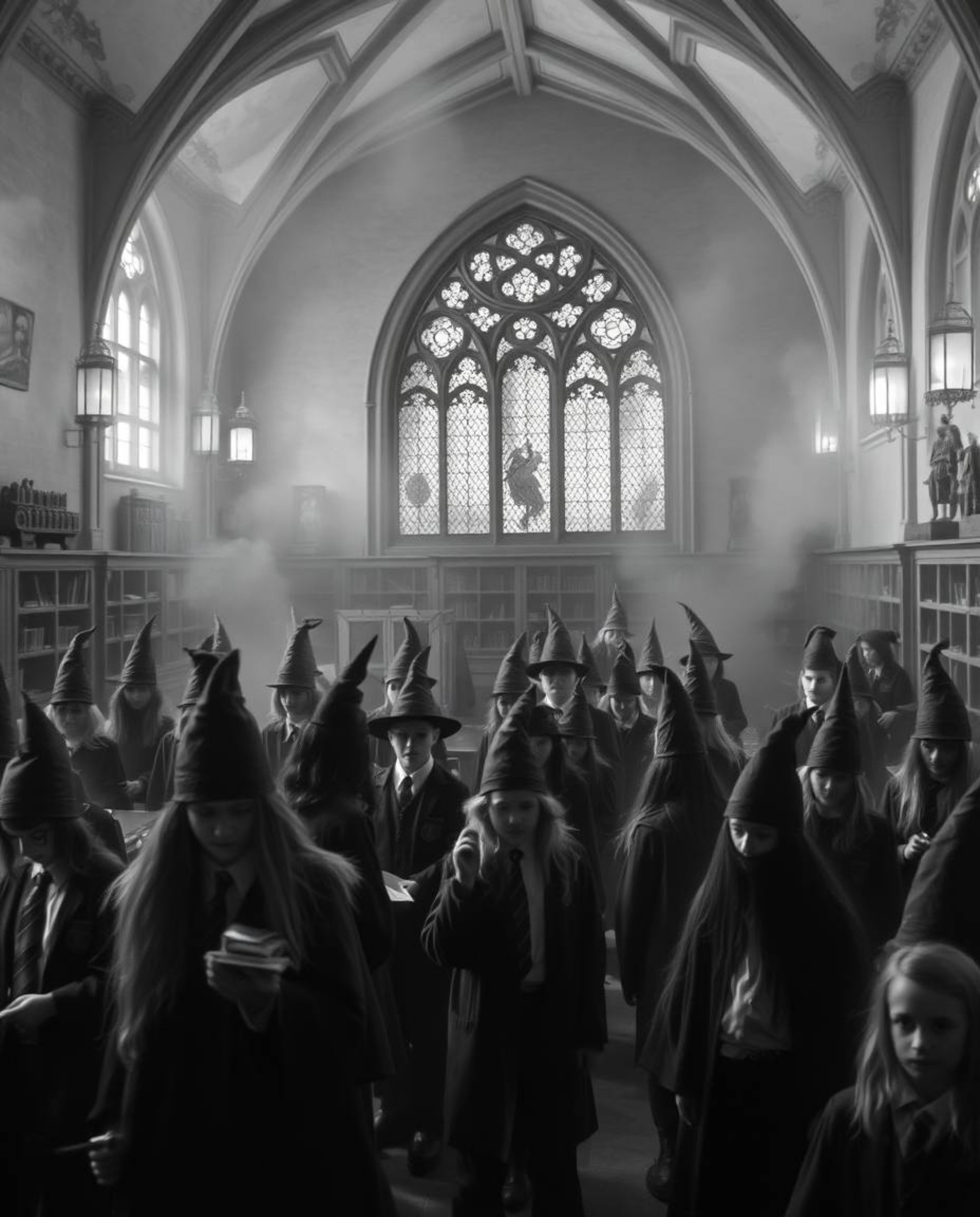 A captivating black and white photograph captures a magical school teeming with young wizards, revealing a mystic and enchant