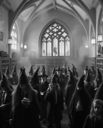 A captivating black and white photograph captures a magical school teeming with young wizards, revealing a mystic and enchant