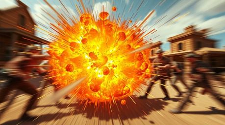 Experience the thrill of the Wild West with this dynamic and motion-filled depiction of a classic exploding TNT gag. The imag