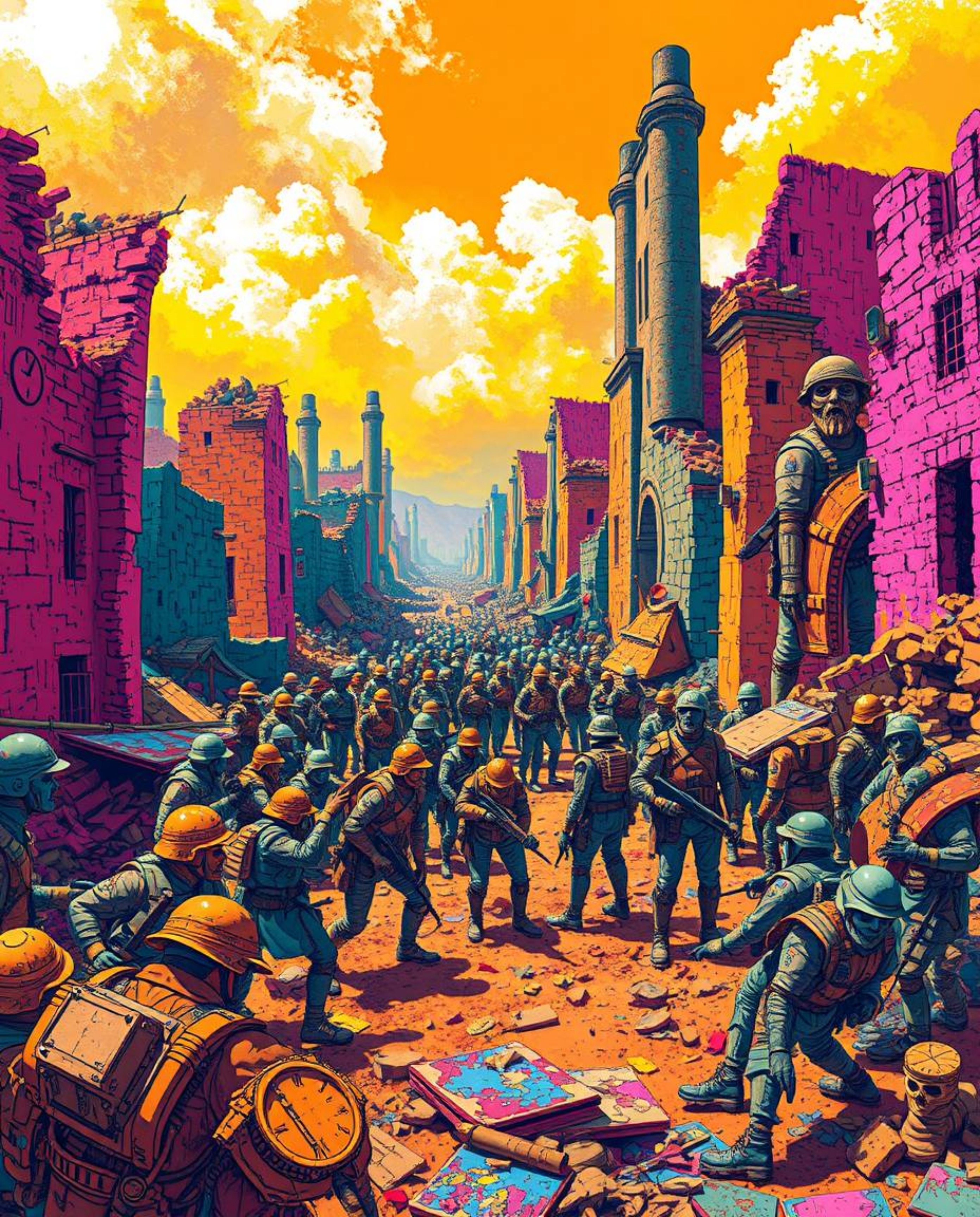 Immerse yourself in a vibrant and energetic battlefield scene featuring time-warped soldiers amidst crumbling buildings. This