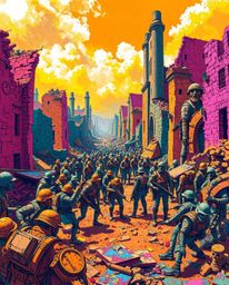 Immerse yourself in a vibrant and energetic battlefield scene featuring time-warped soldiers amidst crumbling buildings. This