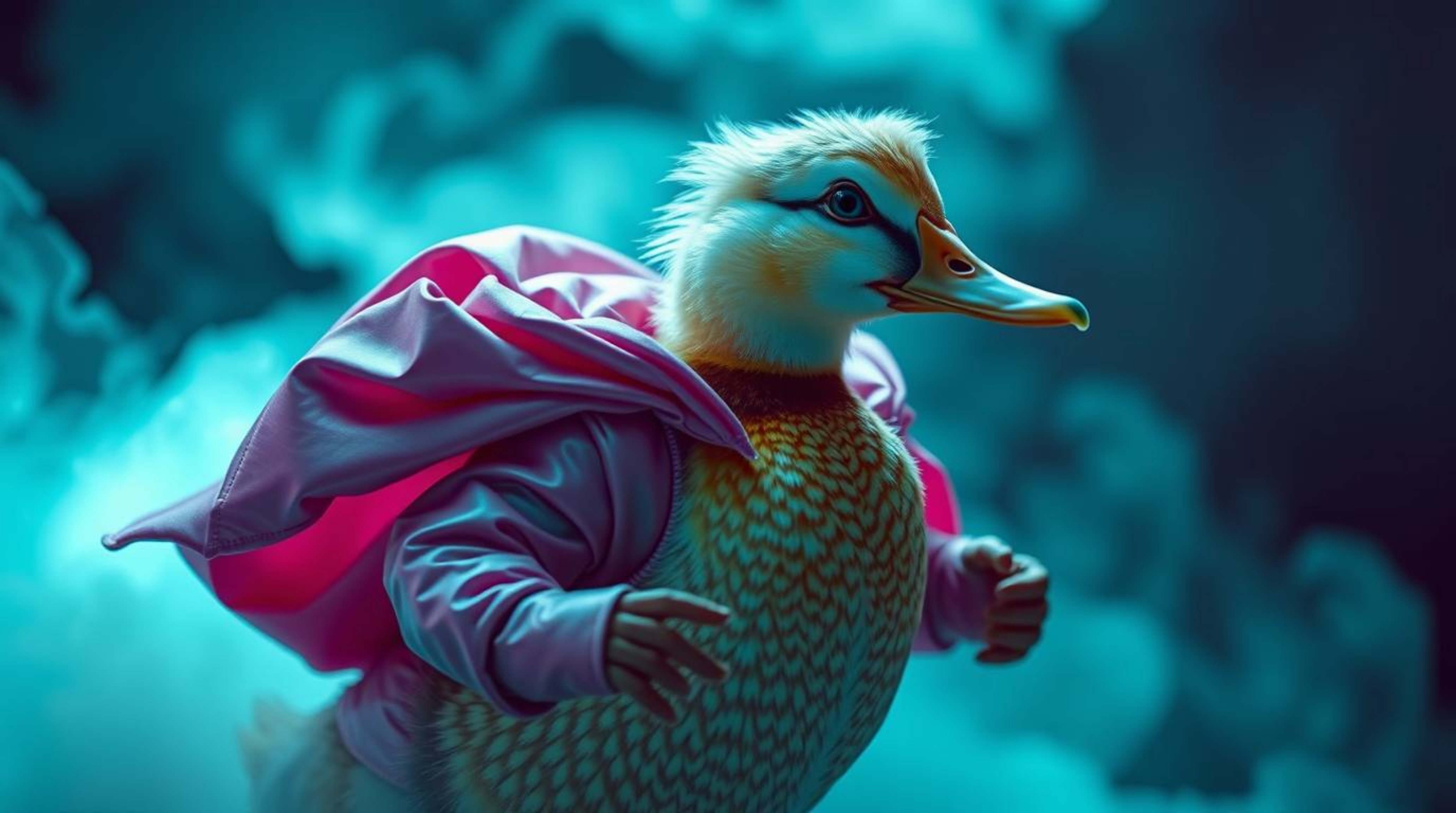 This surreal artwork features a duck in a zany superhero costume, rendered in ethereal infrared tones to create a spiritual a