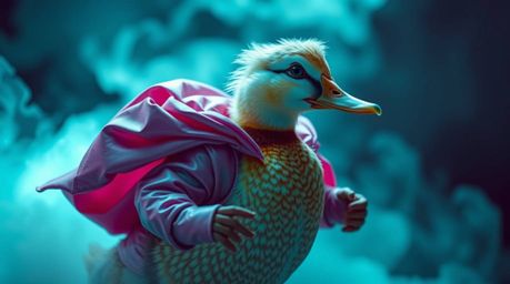This surreal artwork features a duck in a zany superhero costume, rendered in ethereal infrared tones to create a spiritual a