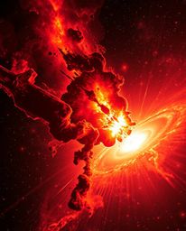 Witness a breathtaking cosmic spectacle of colliding galaxies in a vibrant explosion of reds, oranges, and yellows.  Intense 