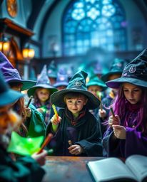 Explore a magical school brimming with young wizards, visually brought to life with a captivating color palette of blues, gre
