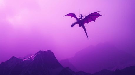A majestic dragon and its rider take flight above formidable icy mountains, the scene bathed in a soft, cinematic haze of dee