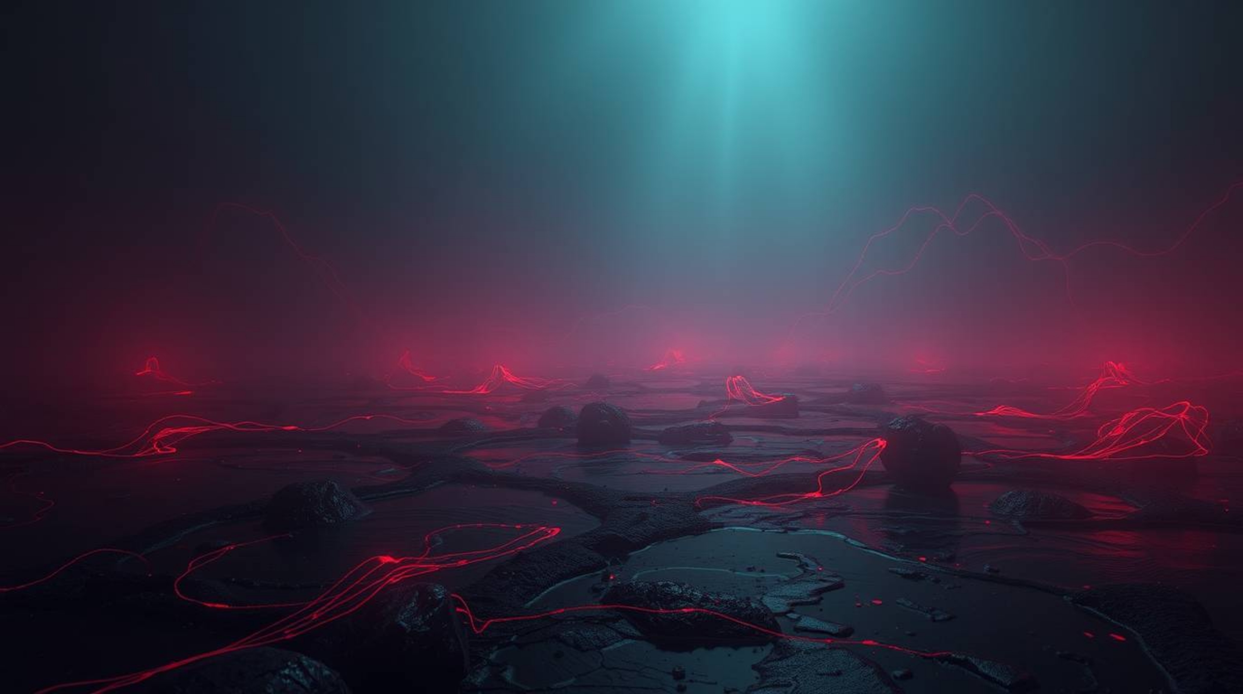 Immerse yourself in a captivating digital artwork featuring eerie neon gradient textures flowing across a liquid surface. Da