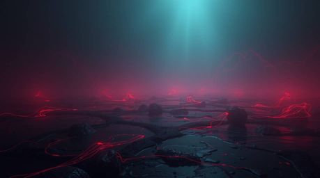 Immerse yourself in a captivating digital artwork featuring eerie neon gradient textures flowing across a liquid surface.  Da