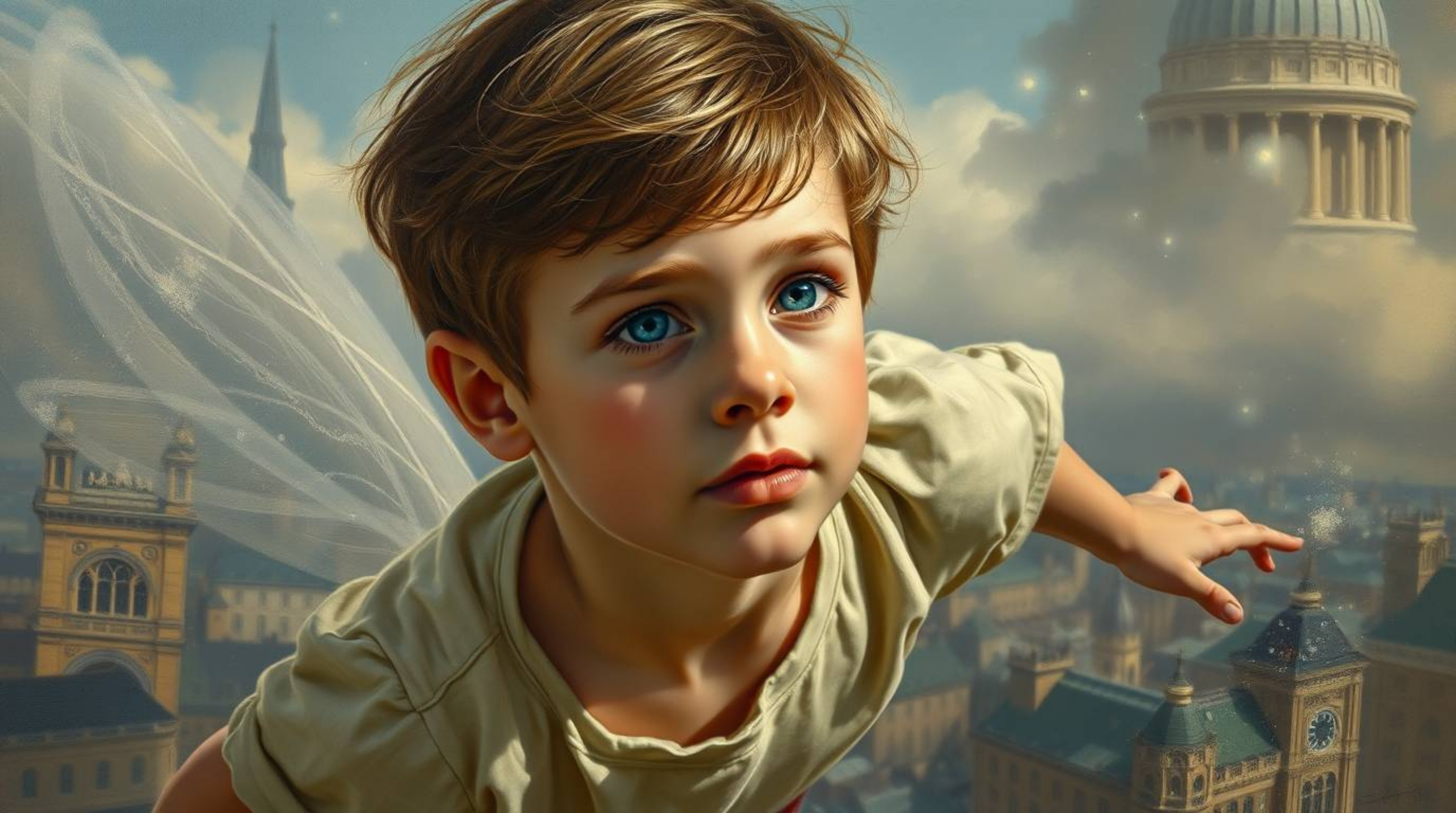 A captivating image depicting a young boy with delicate features, soaring above the iconic London skyline with the aid of pix