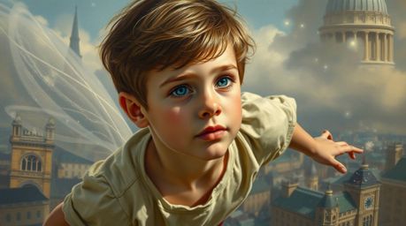 A captivating image depicting a young boy with delicate features, soaring above the iconic London skyline with the aid of pix