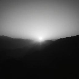 A timeless and elegant black and white photograph showcasing volumetric lighting effects during a sunset over a serene mounta
