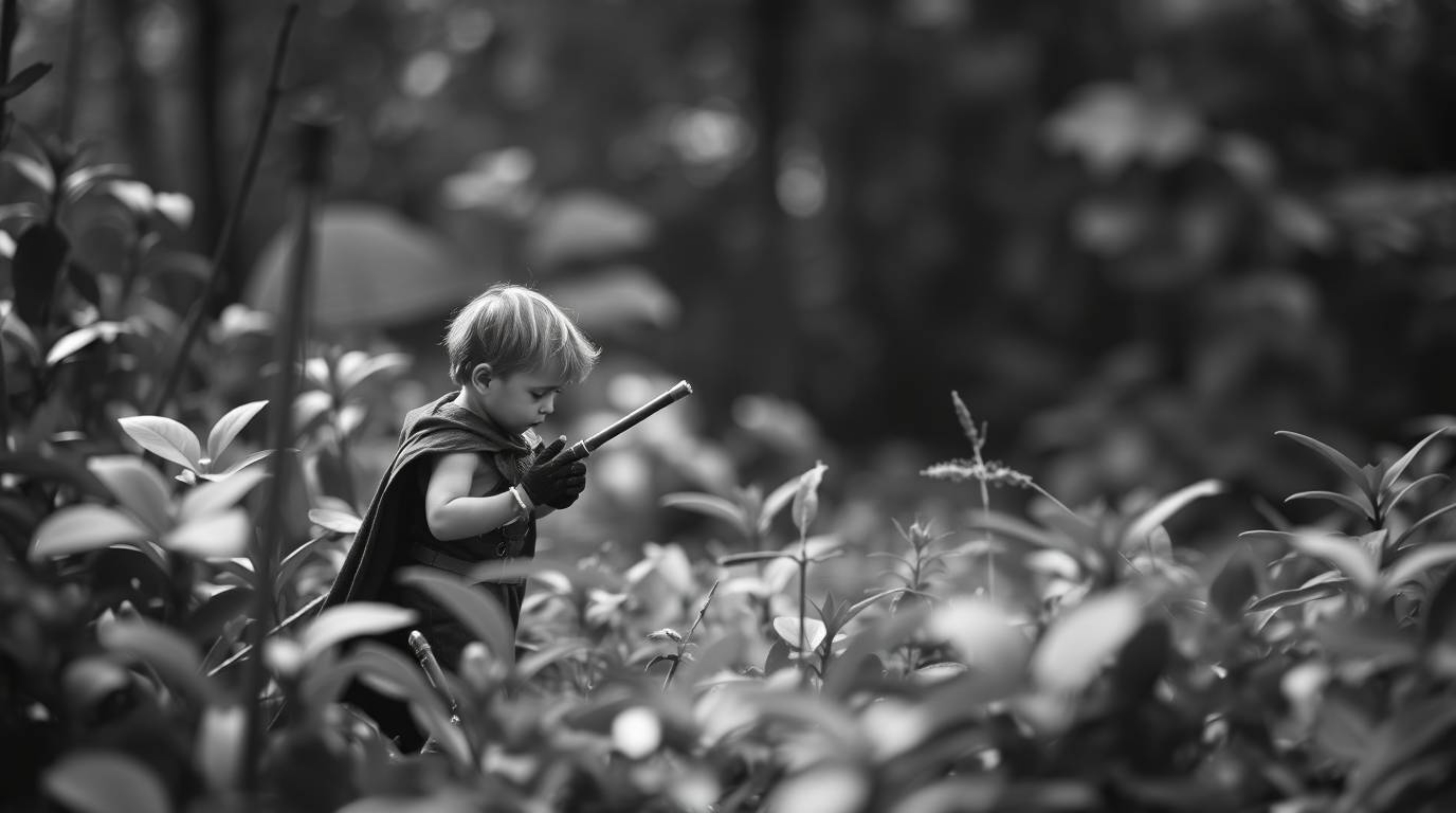 A classic black and white photograph with a blurred bokeh effect depicts a tiny hero exploring a lush backyard jungle. The he