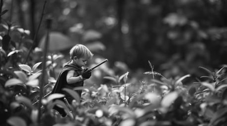 A classic black and white photograph with a blurred bokeh effect depicts a tiny hero exploring a lush backyard jungle. The he