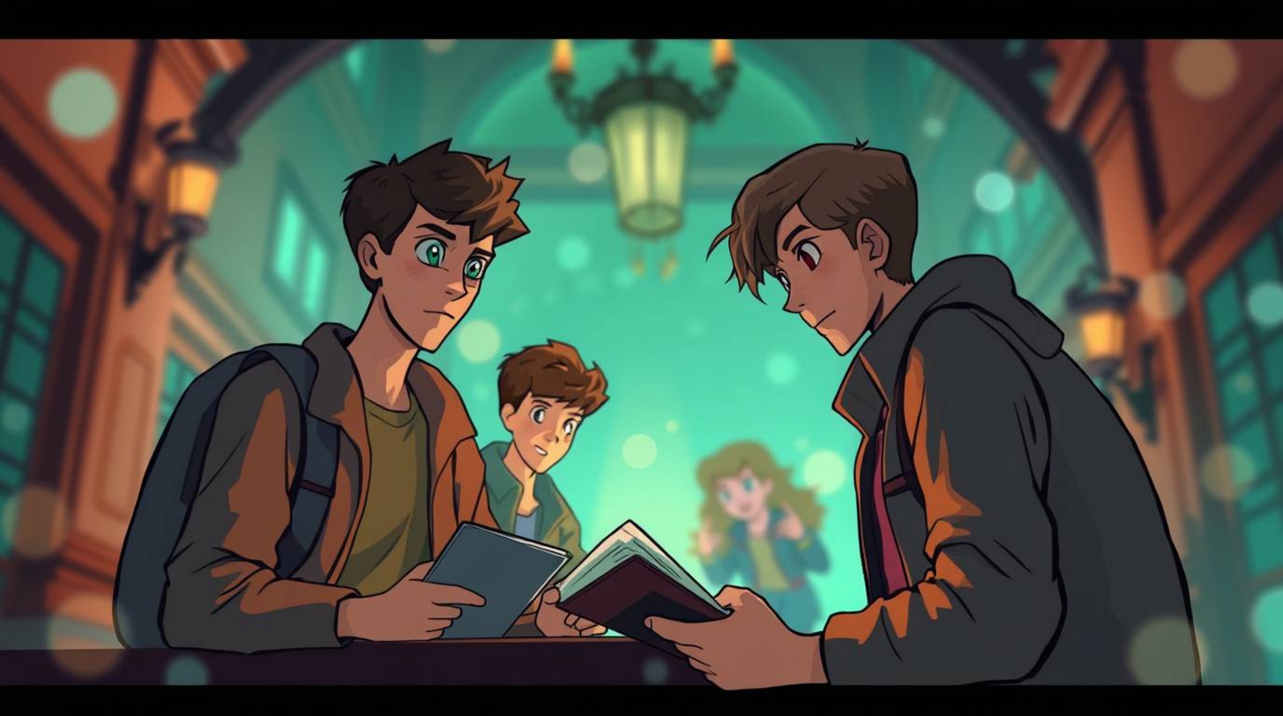 A captivating illustration depicting a group of teenagers immersed in solving mysteries within a haunted mansion, enhanced by
