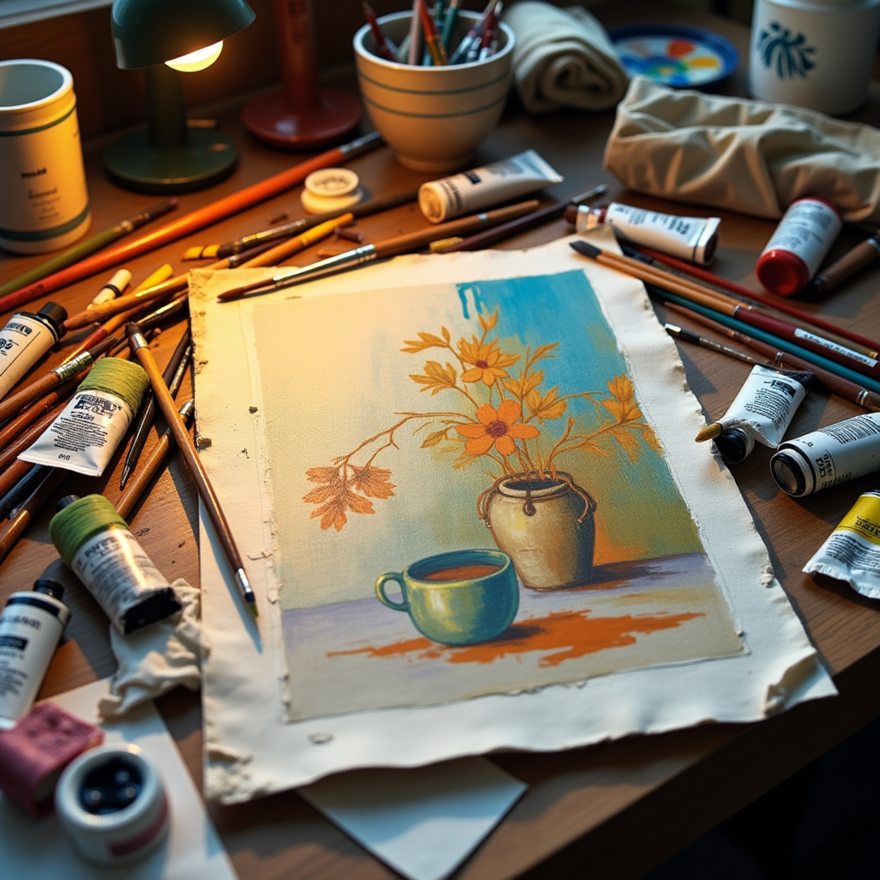 Capture the essence of a vibrant artist's workspace with this scene featuring a meticulously cluttered desk bathed in soft li