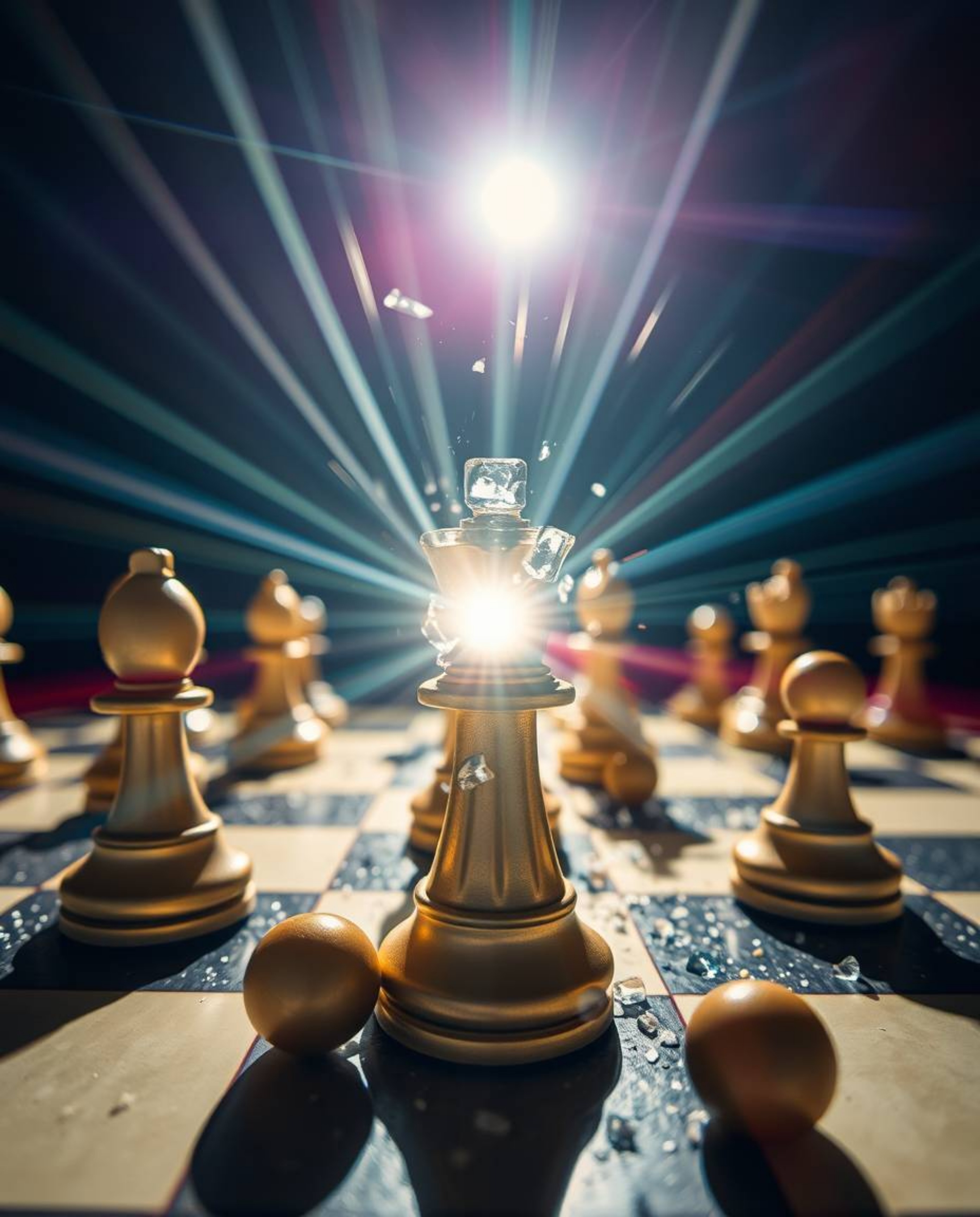 A captivating close-up image showcasing a chessboard with its pieces caught in a moment of dramatic, frozen destruction. Brig